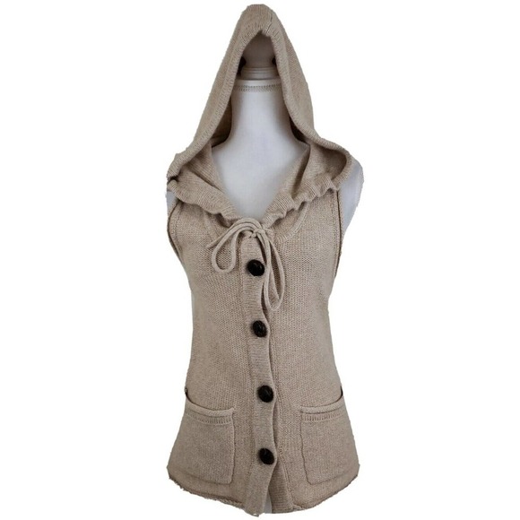 BANANA REPUBLIC ~Woman Size XS~ Beige Knit Wool Blend Button-Up Vest Hooded Top. - Picture 4 of 12